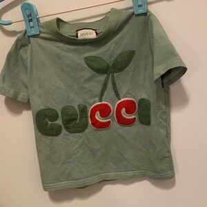 Gucci Kids Sage Green Tee with Red Cherry Applique